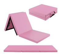 GOPLUS Tapis de Gymnastique Epais Pliable, 180x60x5 CM, 3 Plis&Poignée de Transporter, Tapis Gym avec Surface Pu, Crochet et Fermeture Auto-agrippante Combinaisonable, pour Enfant, Adulte (Rose Clair)