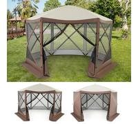 GOPLUS Tente de Camping 6-8 Personnes, Abri Pop-up 6 Façades avec Panneaux Anti Soleil Amovibles Mousquetaire, Imperméable et Corde Anti-Vents pour Plage Jardin, 350x350 CM, Brun