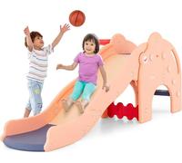 GOPLUS Toboggan Enfant 4 en 1 Forme d'Éléphant avec Panier de Basket et Ballon, Zone Tampon, pour Bébé 1,5-4 Ans,Charge 50KG, Rose