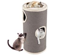 GOPLUS Tonneau à Gratter pour Chats avec 3 Niveaux, Tour pour Chat avec Perchoir Supérieur Spacieux, Trous d’Entrée et de Sortie, Arbre à Chat à 2 Couches en Sisal Naturel, Ø 36 (Gris, 70CM (H))