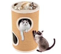 GOPLUS Tonneau à Gratter pour Chats avec 3 Niveaux, Tour pour Chat avec Perchoir Supérieur Spacieux, Trous d’Entrée et de Sortie, Arbre à Chat à 2 Couches en Sisal Naturel, Ø 36 (Marron, 60CM (H))