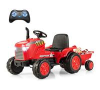 GOPLUS Tracteur Electrique Enfants 12V avec Remorque Amovible, 3 Vitesses 2,5-3,5 km/h, Télécommande, Lumières LED, Son, Voiture Électrique Enfants 1 Place 3-8 Ans,Charge 30KG (Rouge)