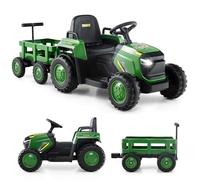 GOPLUS Tracteur Électrique Enfants 12V avec Remorque Détachable, Voiture Électrique Enfants Télécommandé avec Démarrage Arrêt Progressif, Lumières LED et Klaxon,Charge 30KG pour 3-8 Ans (Vert Foncé)