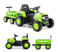 GOPLUS Tracteur Électrique Enfants 12V avec Remorque Détachable, Voiture Électrique Enfants Télécommandé avec Démarrage Arrêt Progressif, Lumières LED et Klaxon,Charge 30KG pour 3-8 Ans (Vert)