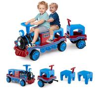 GOPLUS Train Electrique Enfants 3 Places, Voiture Électrique Enfant 12V avec Sifflet de Train,Effets Lumineux,2,5-4 KM/H, Véhicule Porteur avec Locomotive pour Tout-Petits 3-8 Ans,Charge 75 KG (Bleu)