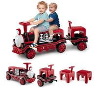 GOPLUS Train Electrique Enfants 3 Places, Voiture Électrique Enfant 12V avec Sifflet de Train,Effets Lumineux,2,5-4 KM/H, Véhicule Porteur avec Locomotive pour Tout-Petits 3-8 Ans,Charge 75 KG (Rouge)