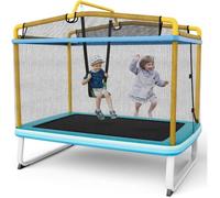 GOPLUS Trampoline Enfants 3 Ans+ de 1,8m,Filet de Sécurité,Intérieur-Extérieur,Fermeture Éclair,Balançoire-Barre Horizontale,Jaune