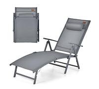 GOPLUS Transat Jardin Exterieur Pliante avec Dossier Réglable à 7 Niveaux, 142 x 61 x 103 CM, Bain de Soleil avec Accoudoir, Repose-tête, Charge 150 KG, Idéal pour Piscine, Jardin, Terrasse (Gris)