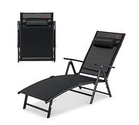 GOPLUS Transat Jardin Exterieur Pliante avec Dossier Réglable à 7 Niveaux, 142 x 61 x 103 CM, Bain de Soleil avec Accoudoir, Repose-tête, Charge 150 KG, Idéal pour Piscine, Jardin, Terrasse (Noir)