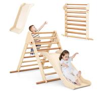 GOPLUS Triangle d'escalade Montessori pour Enfants avec Toboggan,Parcours Escalade Bois Pliable avec Rampe,Intérieur pour Garçons & Filles de 1+ Ans,Charge 50 KG (Bois Naturel, Pliable)