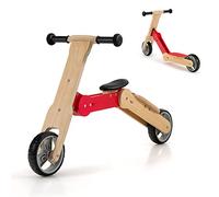 GOPLUS Trotinette en Bois 2 en 1, Vélo d’Équilibre avec 2 Roues Silencieuses, Poignée Antidérapants, Réglage du Volant à 135 °, Vélo sans Pédale pour Enfant 3+Ans, Charge de 50KG, Rouge