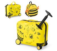GOPLUS Valise Enfant Fille Garçon, Valise Enfant à roulettes 18" & Sac à Dos 12", Bagage Voyage Enfant d'Assise avec Repose-Pieds, Surface Étanche, Poignée Réglable, Motif Abeille, Charge 50/8KG
