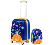 GOPLUS Valise Enfant Garçon Fille, Valise Enfant 18” ＆Sac à Dos 12” avec Motifs Colorés, Trolley à roulettes ABS, Hauteur de Poignée Réglable, Valise de Voyage Cabine Bagage Enfant en Vol (Bleu)
