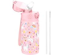 Goppus 420ml/14oz Gourde Isotherme avec Paille à Double Paroi en Acier Inoxydable Petit Flacon Isolé Sous Vide Métal Anti-fuite pour Boisson Flacon Thermos Sans BPA