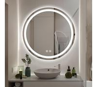 GOQELK Miroir de salle de bain rond avec lumière LED 600 mm - Miroir de salle de bain lumineux mural avec désembuage, grand miroir de maquillage circulaire anti-buée, 3 couleurs à intensité variable