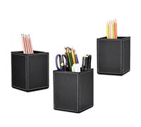 GORESE Porte-stylo en Cuir, Carré Pot a Crayon Boîte à Stylo de Bureau Multifonctionnel Organisateur de Bureau Stylo Tasse Organisateur Porte-pinceau de Maquillage 3 Pièces(Noir)