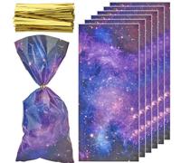GORGECRAFT 100 sac en Cellophane Galaxie Espace Extra-Atmosphérique Étoile Planète Sac à Friandises en Plastique avec 100 attaches Torsadées pour Boulangerie Cookies Fournitures D'Anniversaire Mariage