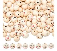 GORGECRAFT 100pcs 5 Styles de Perles en Bois de 20mm avec Visage Souriant Boule Ronde en Bois Perle D'Espacement Mignonne avec Visage Souriant Imprimé Tête de Poupée Perles en Vrac avec Trou