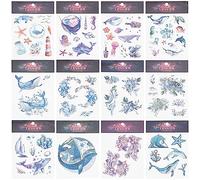 GORGECRAFT 12 Feuilles Animaux de L'Océan Tatouages Temporaires Amovibles Corps Autocollants Papier Bleu Violet Tortue de Mer Poisson Rouge Dauphin Baleine Coquillage Pieuvre Étoile de Mer Costume