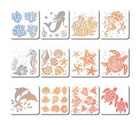 GORGECRAFT 12 Styles 18x18 cm Créatures de la Mer Pochoirs Carré Peinture Modèle Coral Shell Conque Tortue de Mer Étoile de Mer Poisson Tropical Réutilisable Été Océan Thème Dessin Pochoir pour DIY