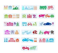 GORGECRAFT 16 pièces 2 Styles Motif Mixte Évider Pochoirs de Construction 18.5x5.5cm Pochoir de Peinture de Véhicule Réutilisable Parc D'Attractions Carrousel Maison Château Voiture Vélo Fusée Modèle