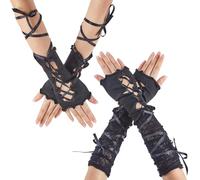 GORGECRAFT 2 Paire de Gants Longs en Dentelle sans Doigts Noirs pour Femmes Réglables Punk Lolita Gants Courts Vintage Déchirés Manchettes de Fée Gants à Lacets au Coude Gants Steampunk d'halloween