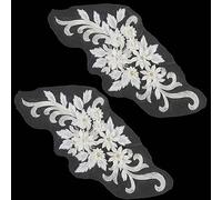 GORGECRAFT 2 Pcs 3D Blanc Fleur Applique Coudre Sur Paillettes Patchs Floral Brodé Dentelle Perles Couture Garniture Strass Floral Tissu Tulle pour Vêtements Robe de Mariage DIY Décoration