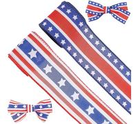GORGECRAFT 2 Rouleau de Ruban de 5m*61mm avec Bordure Métallique pour Le Jour de L'Indépendance Ruban en Tissu à Rayures et Étoiles Patriotiques Appliqué pour Juillet Couronne du Memorial Day