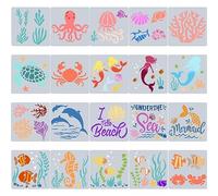 GORGECRAFT 20 Styles de Pochoirs de Créatures Océaniques, Modèle de Peinture de Sirène, Hippocampe, Pochoir de Dessin 130x130 mm, Réutilisable, Dauphin, Poisson, Corail, Méduse, Poulpe, Étoile de Mer