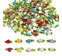 GORGECRAFT 200Pcs 10couleurs Mini Ruban Roses pour Artisanat Fleurs en Tissu Artificiel avec Feuilles Vertes Rosettes Petite Fleur Rubans de Satin Embellissements Applique pour Couture Saint Valentin