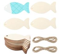 GORGECRAFT 20pcs Poisson en Bois Brut Tranches de Bois Vierges Découpées avec Trou Étiquettes Cadeaux en Bois en Forme de Poisson avec 2 Cordes de Chanvre de 2m,Plage D'Été Le Nautique Noël