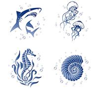 GORGECRAFT 4PCS Autocollants de Fenêtre d'animaux de Mer Statique Mer Hippocampe Verre Porte Coulissante Autocollant Méduse Requin Conque S'Accroche Vinyle Film Océan Chambre Salle de Bains Stickers