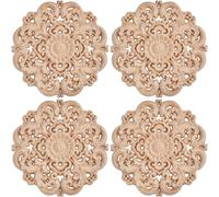GORGECRAFT 4pcs D'Appliques Rondes en Bois de 10cm Sculptures de Fleurs Sculptées en Bois Non Peintes Autocollants Décoratifs pour Placard Mural Miroir Cheminée Porte Lit Armoire Plafond Commode