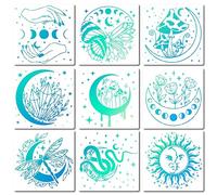 GORGECRAFT 9 Pochoir de Style Mixte Soleil Lune et Étoile Plante et Mini Animaux Pochoir pour Peinture Fleur Diamant Pochoirs Carrés en Plastique Réutilisables pour Peinture Pyrographie et Gravure