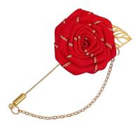 GORGECRAFT Broche Rose Épingle à Revers Fleur Rouge Artificielle Broche avec Chaîne à Pompon Suspendue en Or Broche Faite à la Main Épingle à Col pour Costume Épingle à Col pour Mariage Marié Bal
