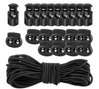 GORGECRAFT Cordon Élastique de 10m*3mm avec 20 fermoirs à Ressort Cordon Élastique Noir Corde Ronde Corde Élastique Double Trou Bascules en Plastique Butées Extrémités Coulissantes Pinces