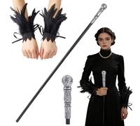 GORGECRAFT Costume de Reine Maléfique avec Canne Antique de 146.6cm Poignée Argentée et 1 Paires de Gants Gothiques Noirs en Dentelle et Plumes pour Halloween et Spectacles.