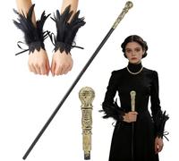 GORGECRAFT Costume de Reine Maléfique avec Canne de Marche Vintage de 146.6cm Poignée Dorée et 1 Paires de Gants Gothiques Noirs en Dentelle et Plumes pour Événements à Thème et Spectacles.