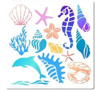 GORGECRAFT Pochoirs Océaniques de 30x30cm Coquillages Hippocampes Conques Étoiles de Mer Corail Créatures Marines Vie à la Plage Pochoir en Plastique Réutilisable pour Peinture sur Bois Mur Carte Sol