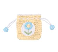 GORGECRAFT Porte Monnaie Tricoté à la Main en Crochet Jaune Tricoté à la Main Fleurs Bleues de Dessin Animé Perles D'Imitation Blanches Rangement à Cordon Petite Pochette Portefeuille pour Monnaie