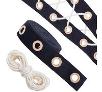 GORGECRAFT Ruban à Œillets Noir de 4m,Garniture à Œillets de 25mm de Large,Bande en Sergé de Coton avec Anneau de Trou en Métal Doré de 8mm Comprend 10m de Fils en Coton Blanc