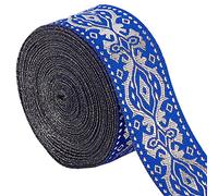 GORGECRAFT Ruban Jacquard Ethnique 33mm de Large Double Face Bleu Floral Broderie Polyester Rubans Tissés Bordure Argentée Bande de Franges pour DIY Couture Artisanat Vêtements Rideau Home
