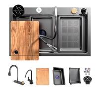 Gorgeous Gold Cascade Kitchen Sink with Pull-Down Faucet Compact Bar Sink Stainless Steel Large Sink (Black 80x45x21cm) Includes Drain Kit for Ultimate Convenience