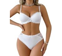 GORGLITTER BHS Femmes avec armatures Push Up Seins Classique Dentelle Ensemble de sous-vêtements confortables Soutien-gorge balconnet Lingerie Ensemble Braquette et Slip Push Up, Blanc., M