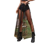 GORGLITTER Jupe de fête à paillettes pour femme avec maille transparente avec pantalon 2 en 1 avec motif galaxie, Noir , M