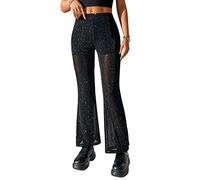GORGLITTER Tenue de festival pour femmes Rave Pantalon en maille transparente Pantalon de fête Pantalon évasé à paillettes Pantalon sexy Pantalon de danse Tenue techno Pantalon d'été noir, Noir , XS