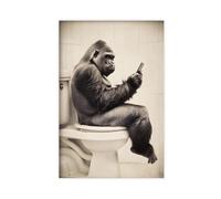 Gorilla Ai Art-1 assis sur les toilettes en train de regarder le téléphone, décoration murale amusante de salle de bain, photo d'animal de style vintage, humour insolite de toilettes, Ai Art-1