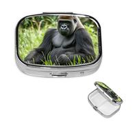 Gorilla in The Grass Pilulier décoratif à 2 compartiments avec miroir pour sac à main ou poche Petit pilulier carré en métal pour médicaments, comprimés et vitamines, cadeau de voyage