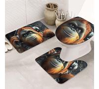 Gorilla Lot de 3 tapis de salle de bain avec motif casque d'écoute - Tapis de bain + tapis contour + housse de siège de toilette - Lavable en machine - Microfibre douce et antidérapante - Pour