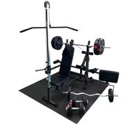 GORILLA SPORTS® Banc multifonction avec haltères 100 kg et tapis, 280 kg | Station avec tirage LAT, butterfly, support de barre, dossier réglable sur 6 niveaux et tapis de protection de 2,30 m²